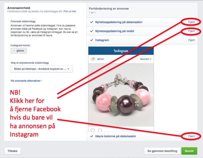 Figur som viser hvordan man bare får annonsen på Insagram og ikke på Facebook