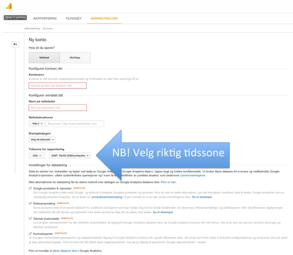 Husk å stille inn tidssone i Google Analytics