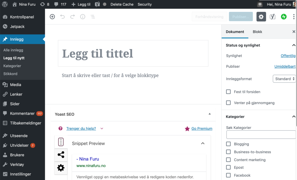 Visning av grensesnittet på WordPress med Gutenberg